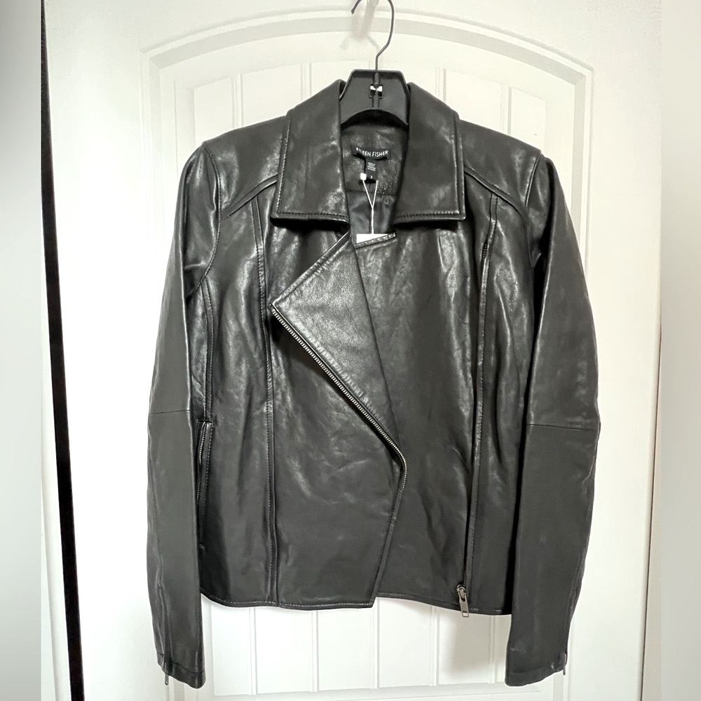 Eileen Fisher Rumpled Luxe Lamb Leather Moto Jacket sz 2